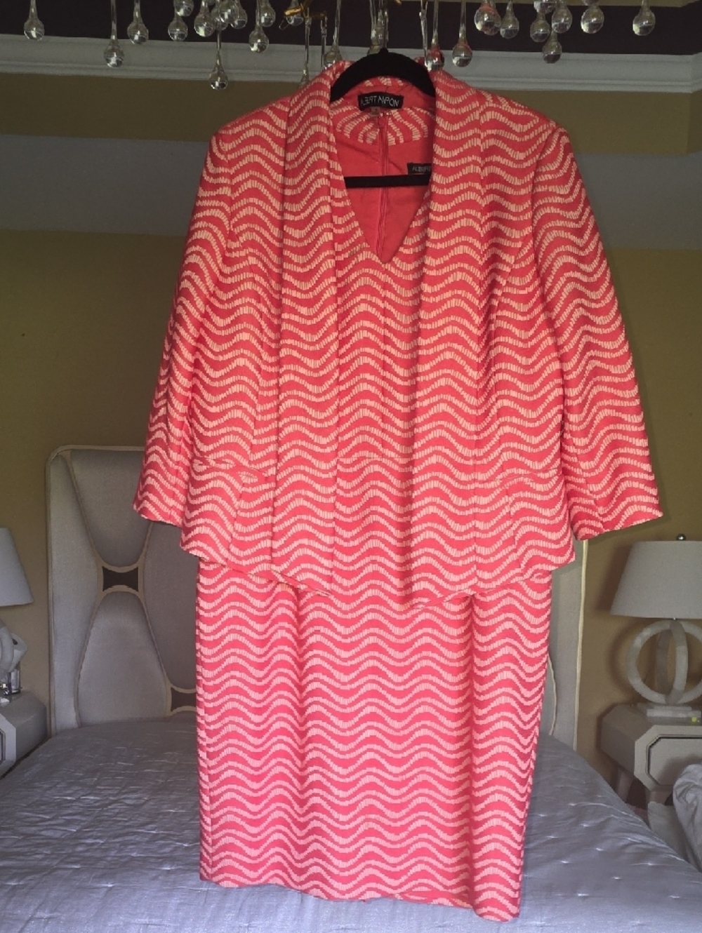 Albert Nipon Coral and Cream Wave-Pattern Midi Dress with Jacket Size 14